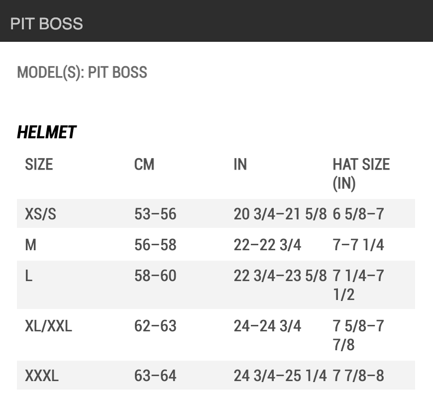 Bell Pit Boss Helmet Size Chart by Head Circumference Measurements: XSM/SML (extra small to small) fits 53 cm to 56 cm; MED (medium) fits 56 cm to 58 cm; LRG (large) fits 58 cm to 60 cm; XLG/2XL (extra large to double extra large) fits 62 cm to 63 cm; 3XL (triple extra large) fits 63 cm to 64 cm