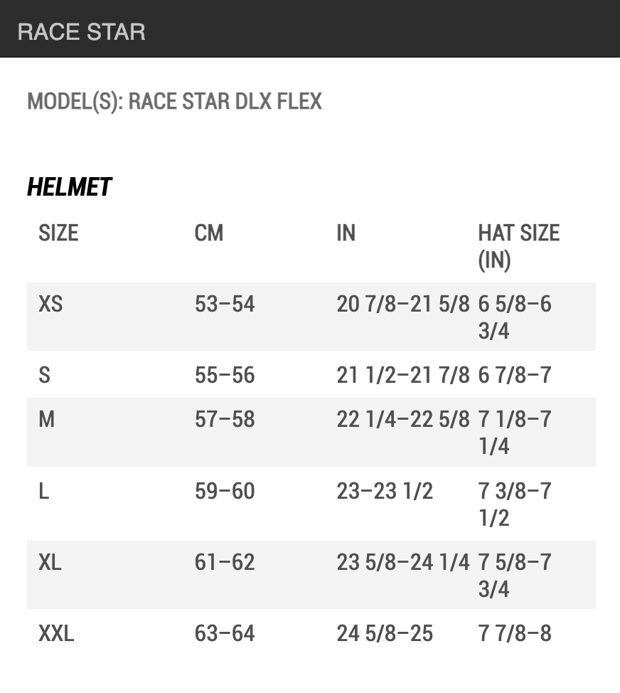 Bell Race Star Helmet Size Chart by Head Circumference Measurements: XSM (extra small) fits 53 cm to 54 cm; SML (small) fits 55 cm to 56 cm; MED (medium) fits 57 cm to 58 cm; LRG (large) fits 59 cm to 60 cm; XLG (extra large) fits 61 cm to 62 cm; 2XL (double extra large) fits 63 cm to 64 cm