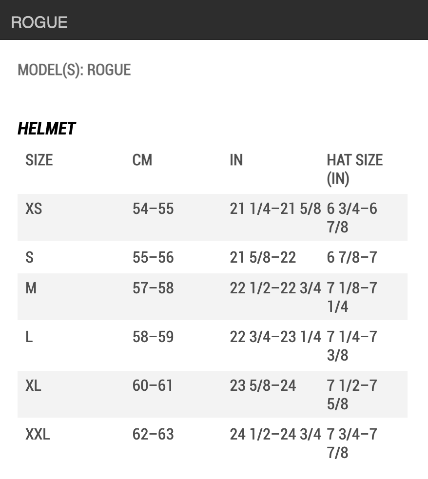 Bell Rogue Helmet Size Chart by Head Circumference Measurements: XSM (extra small) fits 54 cm to 55 cm; SML (small) fits 55 cm to 56 cm; MED (medium) fits 57 cm to 58 cm; LRG (large) fits 58 cm to 59 cm; XLG (extra large) fits 60 cm to 61 cm; 2XL (double extra large) fits 62 cm to 63 cm