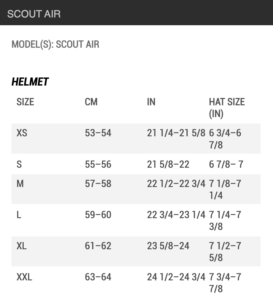 Bell Scout Air Helmet Size Chart by Head Circumference Measurements: XSM (extra small) fits 53 cm to 54 cm; SML (small) fits 55 cm to 56 cm; MED (medium) fits 57 cm to 58 cm; LRG (large) fits 59 cm to 60 cm; XLG (extra large) fits 61 cm to 62 cm; 2XL (double extra large) fits 63 cm to 64 cm