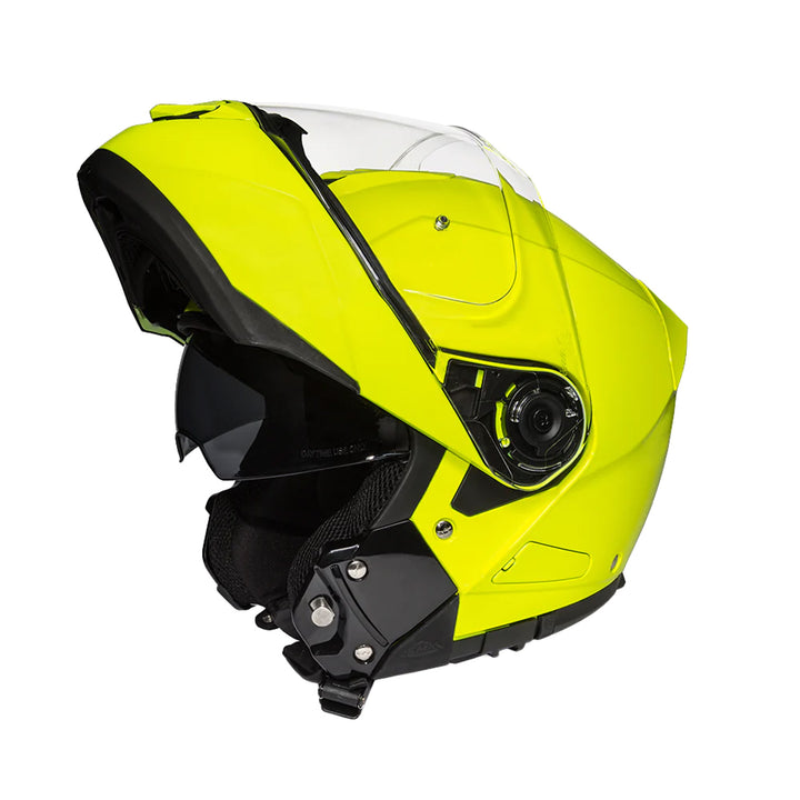 Daytona Helmets D.O.T. Glide Helmet Fluorescent Yellow - Front Left Side View with Chin Bar Raised