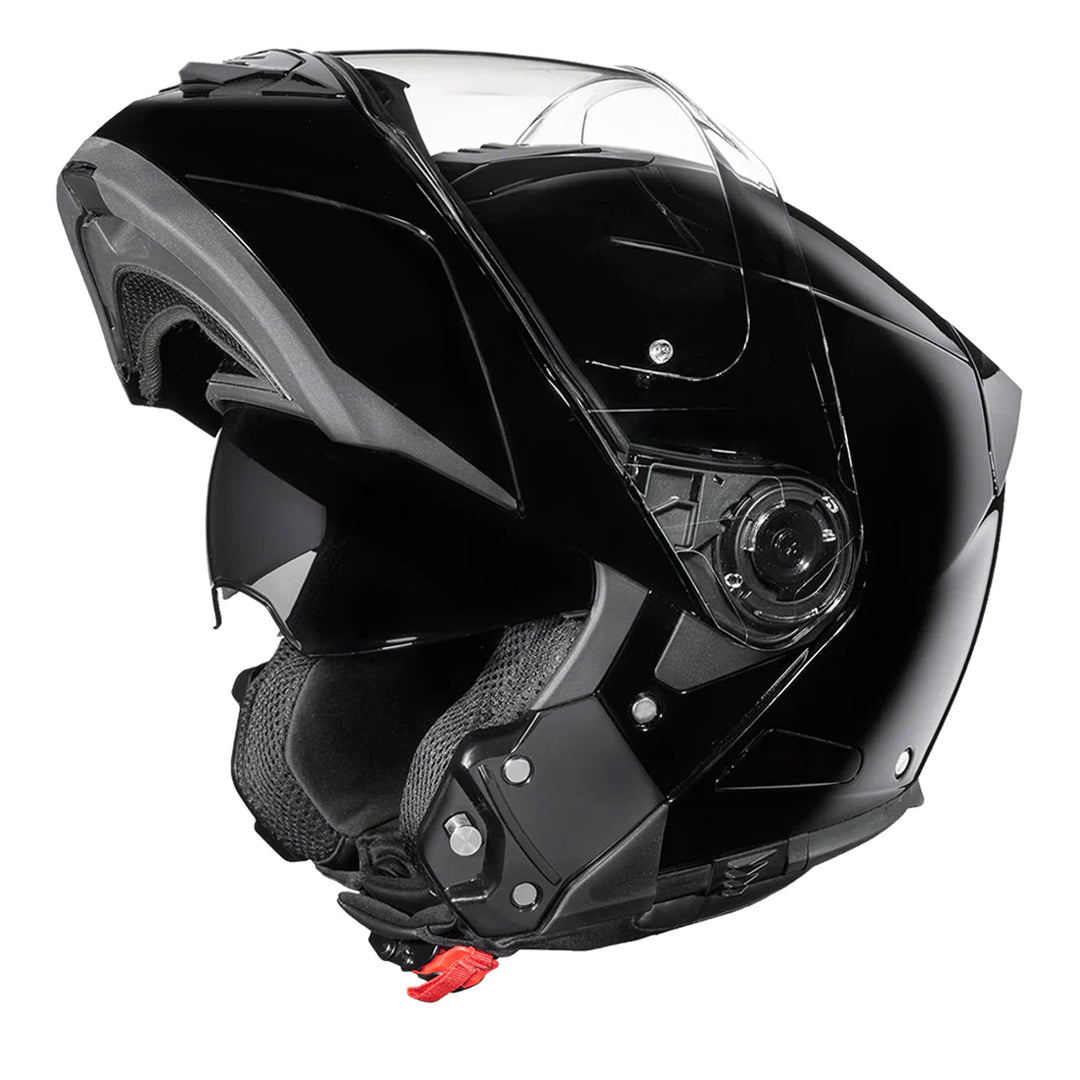 Daytona Helmets D.O.T. Glide Helmet Gloss Black - Front Left Side View with Chin Bar Raised
