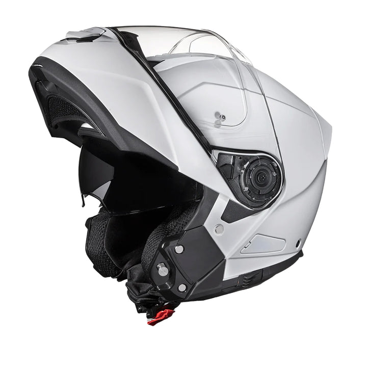 Daytona Helmets D.O.T. Glide Helmet Gloss White - Front Left Side View with Chin Bar Raised