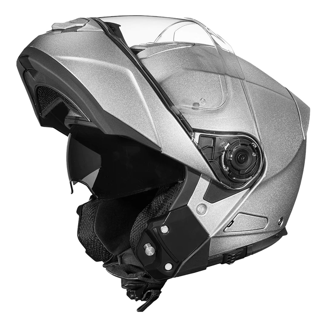 Daytona Helmets D.O.T. Glide Helmet Silver Metallic - Front Left Side View with Chin Bar Raised
