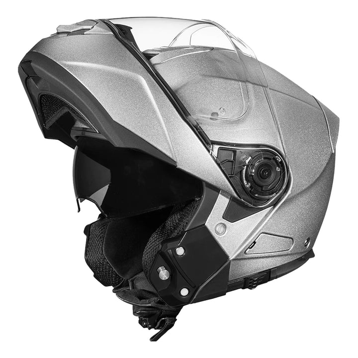 Daytona Helmets D.O.T. Glide Helmet Silver Metallic - Front Left Side View with Chin Bar Raised