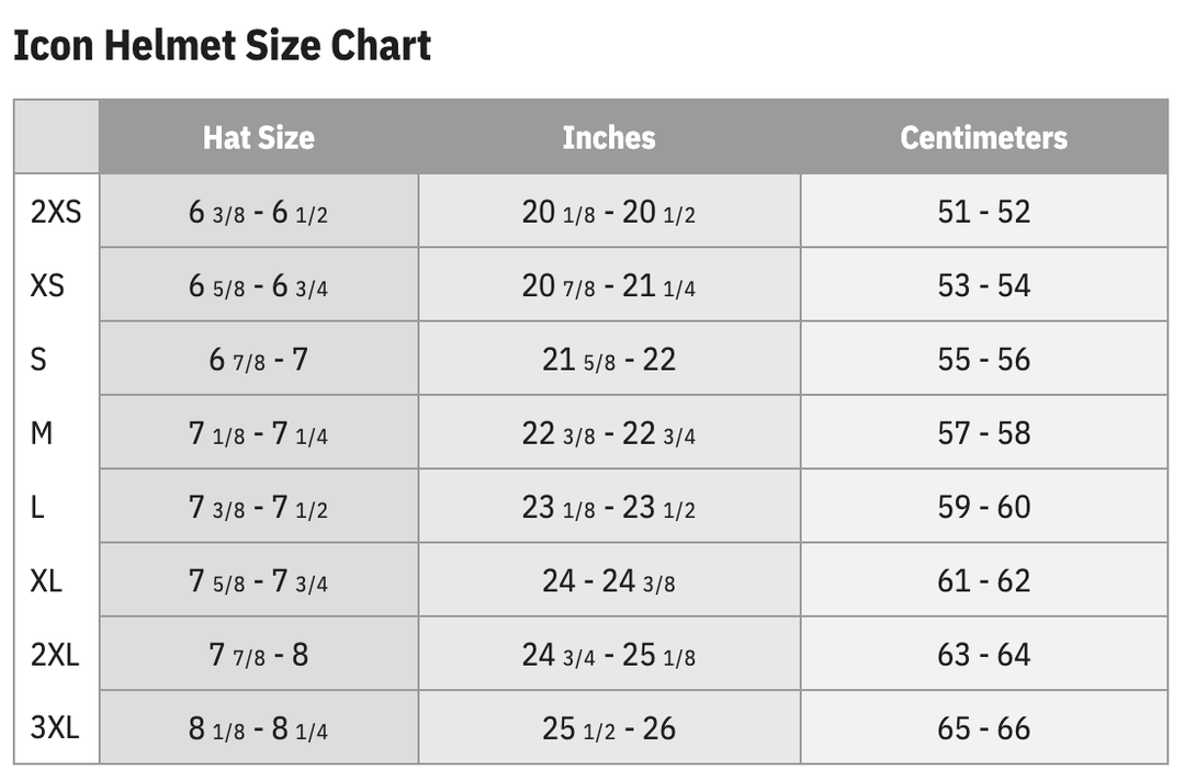 Icon Helmet Size Chart by Head Circumference Measurements: 2XS (double extra small) fits 51 cm to 52 cm; XSM (extra small) fits 53 cm to 54 cm; SML (small) fits 55 cm to 56 cm; MED (medium) fits 57 cm to 58 cm; LRG (large) fits 59 cm to 60 cm; XLG (extra large) fits 61 cm to 62 cm; 2XL (double extra large) fits 63 cm to 64 cm; 3XL (triple extra large) fits 65 cm to 66 cm