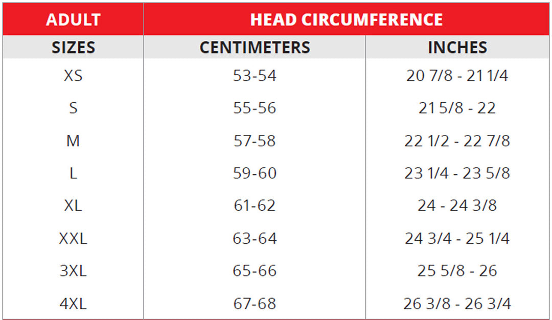 LS2 Adult Helmet Size Chart by Head Circumference Measurements: XSM (extra small) fits 53 cm to 54 cm; SML (small) fits 55 cm to 56 cm; MED (medium) fits 57 cm to 58 cm; LRG (large) fits 59 cm to 60 cm; XLG (extra large) fits 61 cm to 62 cm; 2XL (double extra large) fits 63 cm to 64 cm; 3XL (triple extra large) fits 65 cm to 66 cm; 4XL (quadruple extra large) fits 67 cm to 68 cm