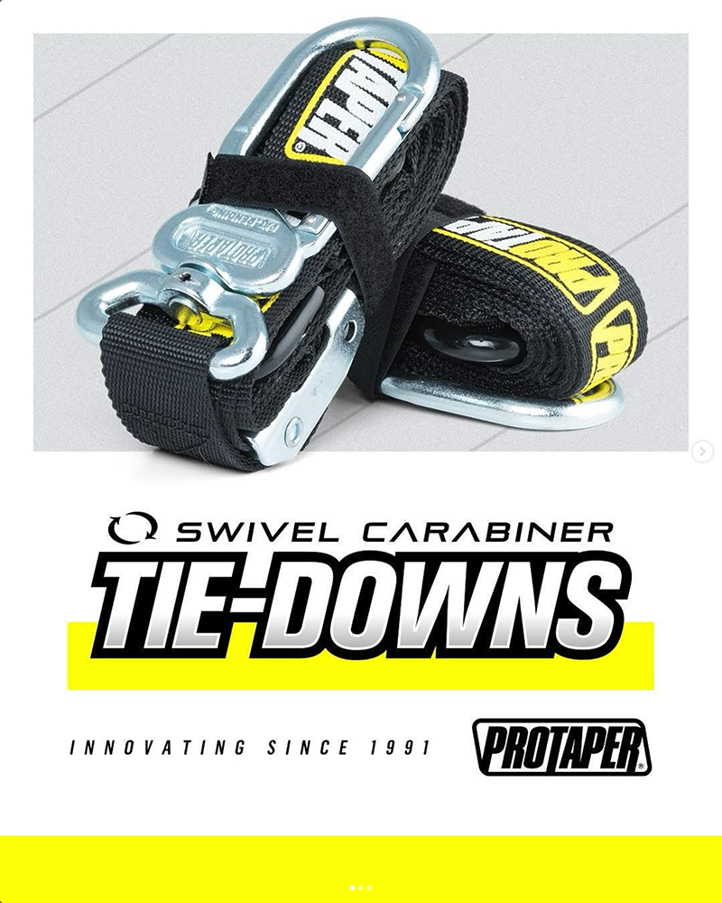 ProTaper tie-downs with swivel carabiner on a white background