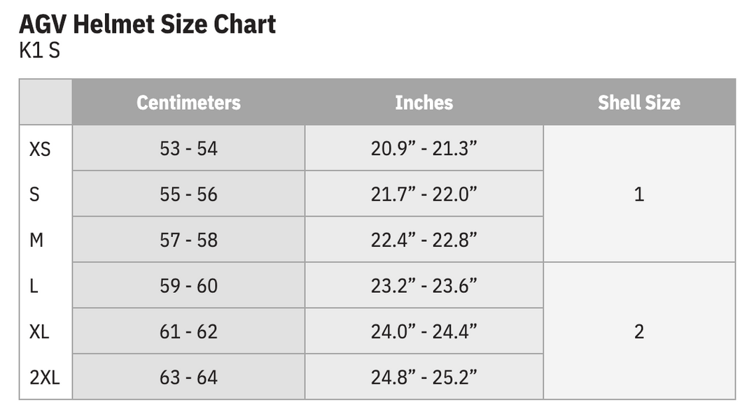 AGV K1 S Helmet Size Chart by Head Circumference Measurements: XSM (extra small) fits 53 cm to 54 cm; SML (small) fits 55 cm to 56 cm; MED (medium) fits 57 cm to 58 cm; LRG (large) fits to 59 cm to 60 cm; XLG (extra large) fits 61 cm to 62 cm; 2XL (double extra large) fits 63 cm to 64 cm