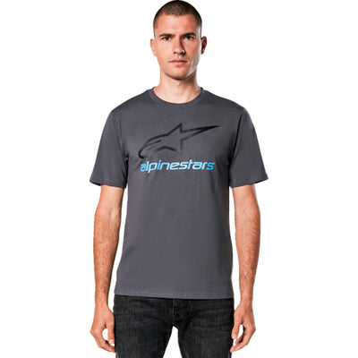 Alpinestars Always 2.0 CSF T-Shirt Charcoal/Black/Blue - Front View of Model Wearing Shirt