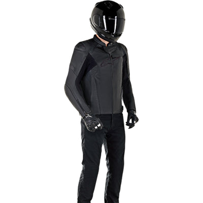 Alpinestars Faster V2 Leather Jacket Black - Front View of Model Wearing Jacket