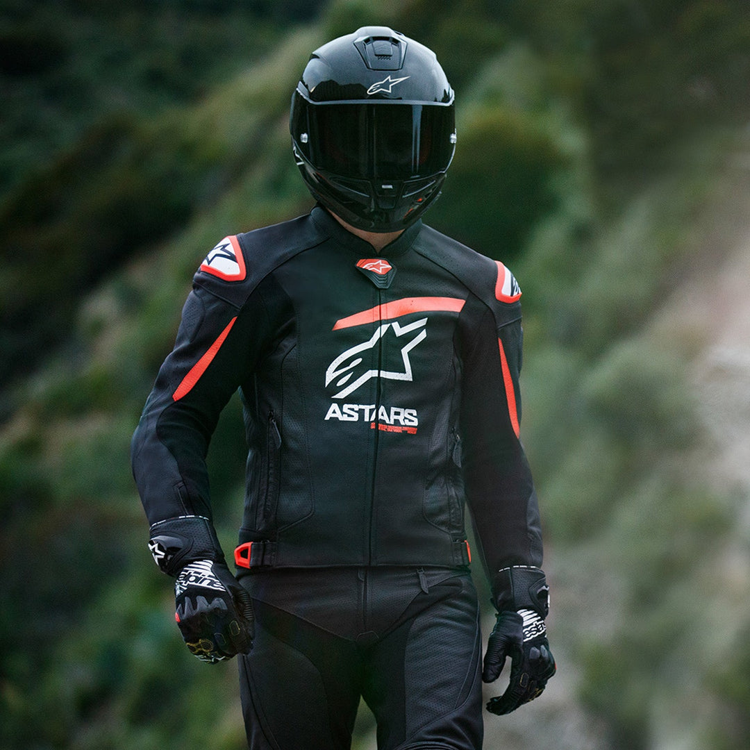 Alpinestars GP Plus R V4 Airflow Leather Jacket Black/Red Fluo/White - Lifestyle shot of rider wearing jacket