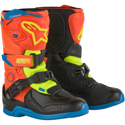 Alpinestars Kids Tech 3S MX Boots Fluorescent Orange/Fluorescent Yellow/Blue - Front Side View of Pair