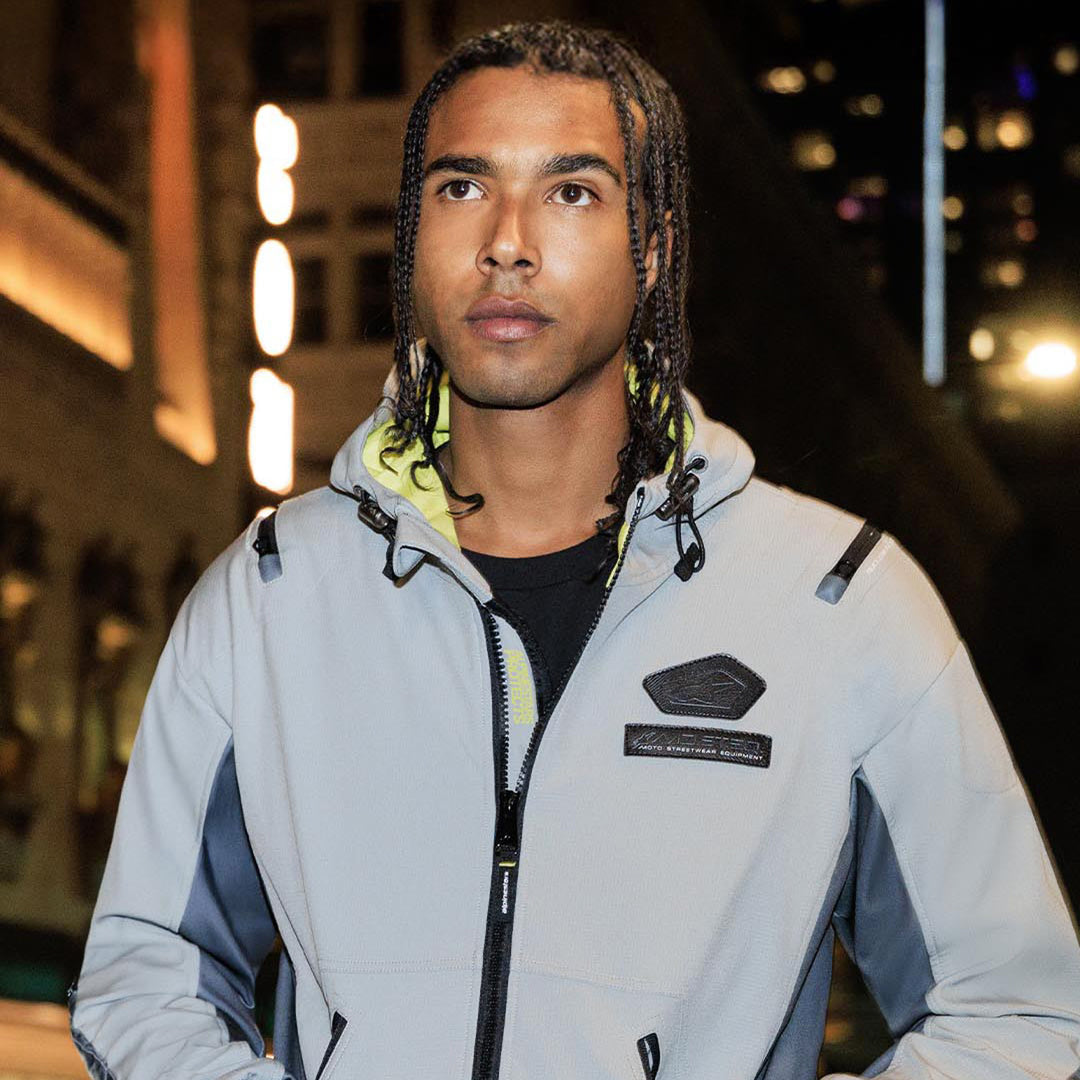 Alpinestars Moblast Waterproof Jacket Iron Gray/Dark Sage - Lifestyle Close-Up Front View of Model Posing in Jacket