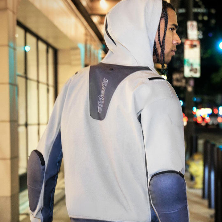 Alpinestars Moblast Waterproof Jacket Iron Gray/Dark Sage - Lifestyle Close-Up Rear View of Model Posing in Jacket