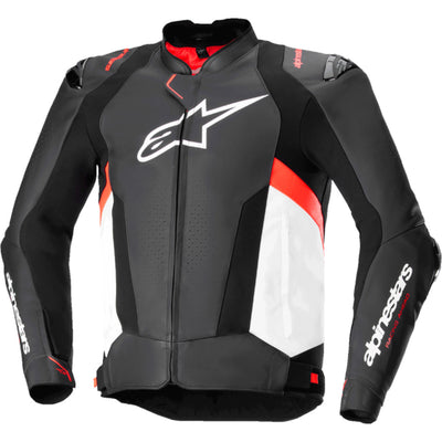 Alpinestars Missile V3 Leather Jacket Black/White/Red Fluo - Front View