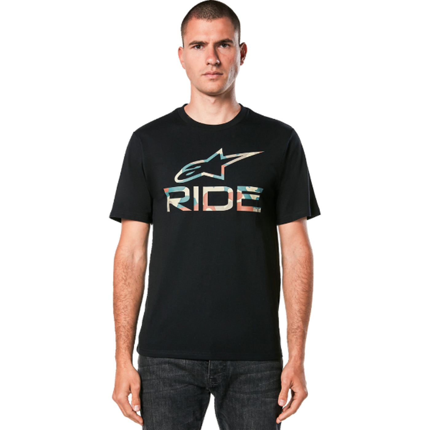 Alpinestars Ride 4.0 CSF T-Shirt Camo Black - Front View of Model Wearing Shirt