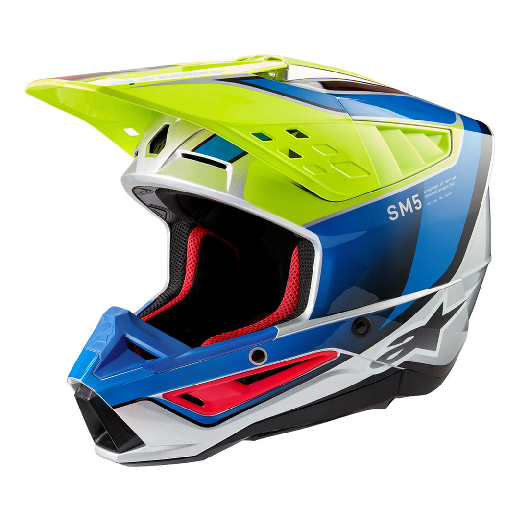 Alpinestars SM5 Sail Helmet Yellow Fluo/Enamel Blue/Silver - Front Side View