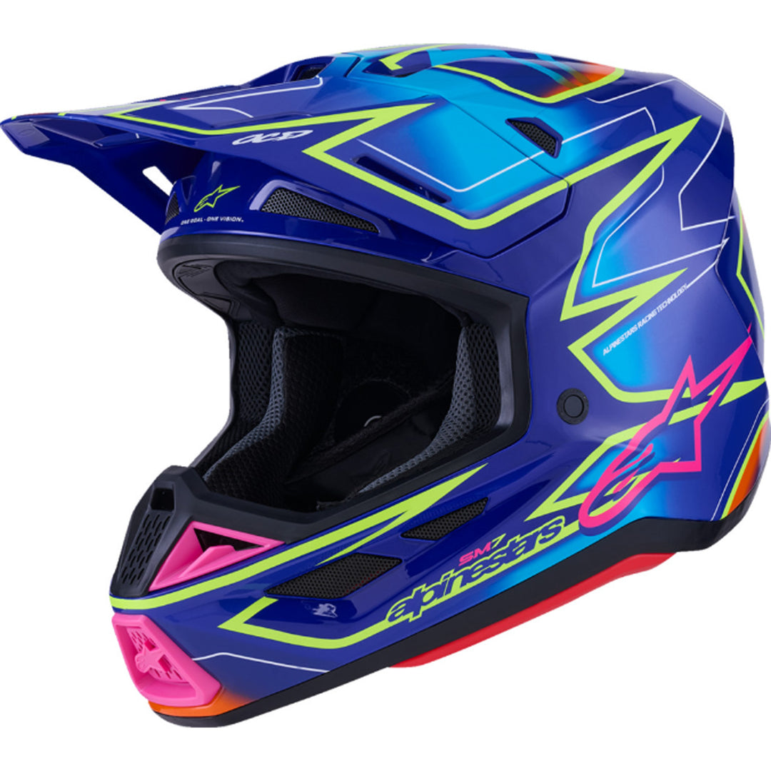 Alpinestars SM7 Cast Helmet Gloss Blue/Pink/Yellow Fluo - Front Left Side View