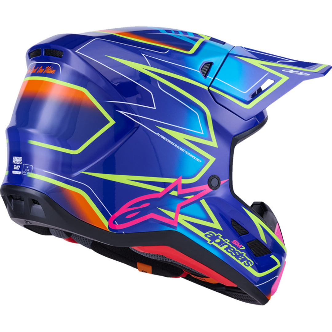 Alpinestars SM7 Cast Helmet Gloss Blue/Pink/Yellow Fluo - Rear Right Side View