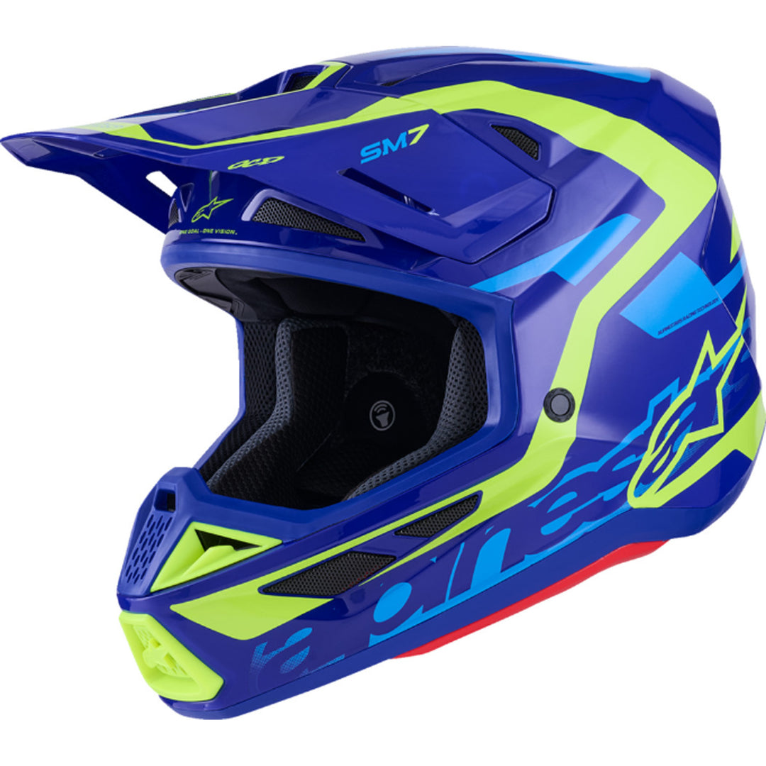 Alpinestars SM7 Deed Helmet Gloss Blue/Yellow Fluo - Front Left Side View