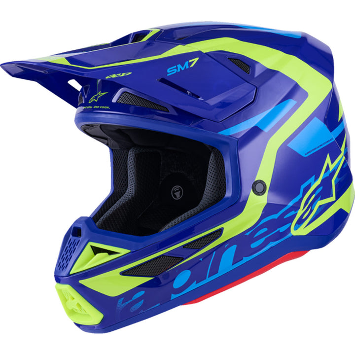 Alpinestars SM7 Deed Helmet Gloss Blue/Yellow Fluo - Front Left Side View