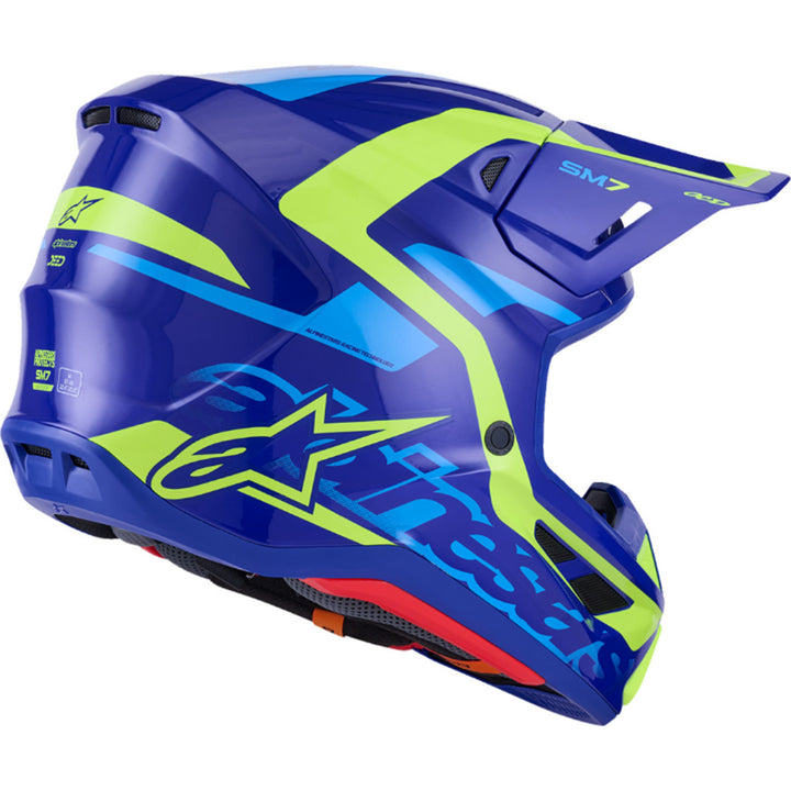 Alpinestars SM7 Deed Helmet Gloss Blue/Yellow Fluo - Rear Right Side View