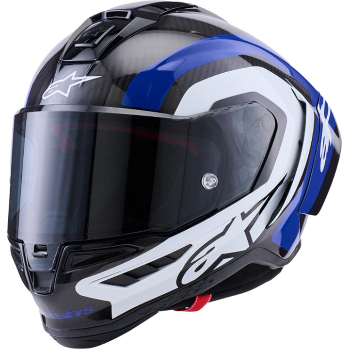 Alpinestars Supertech R10 Arius Helmet Gloss Black/White/Blue - Front Left Side View
