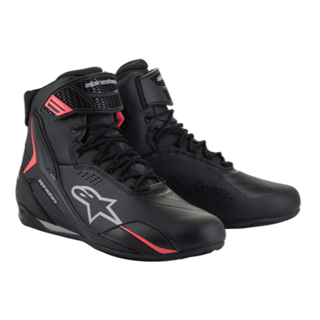 Alpinestars Stella Faster-4 Drystar Riding Shoes Black/Gray/Coral Fluo - Front Side View of Pair