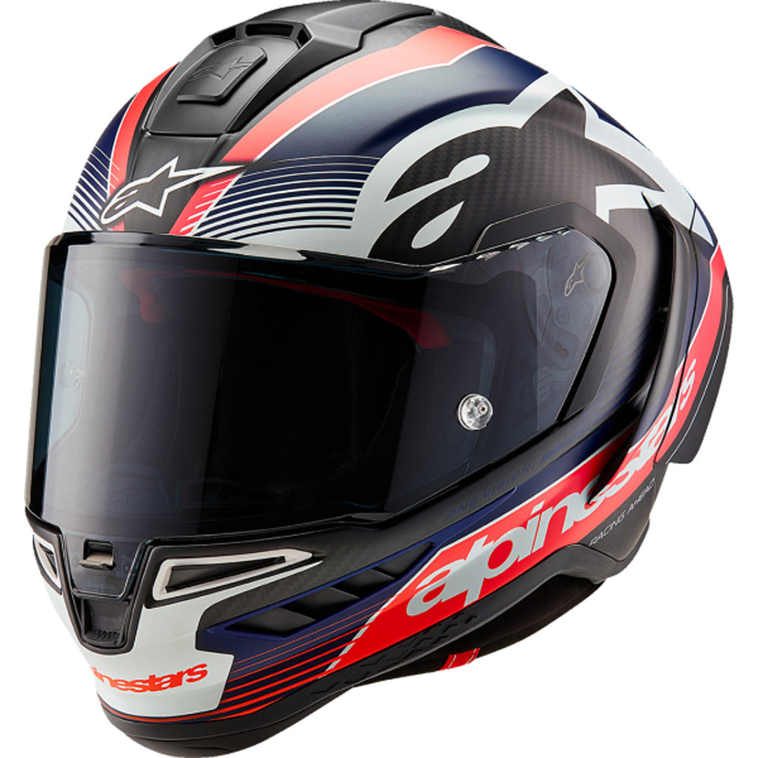 Alpinestars Supertech R10 Team Helmet Matte Black/Carbon Red Fluo/Blue - Front Left Side View