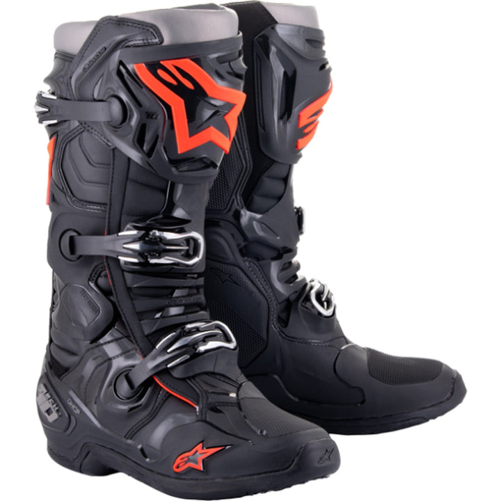 Alpinestars Tech 10 Boots Black/Red Fluorescent - Front Side View of Pair