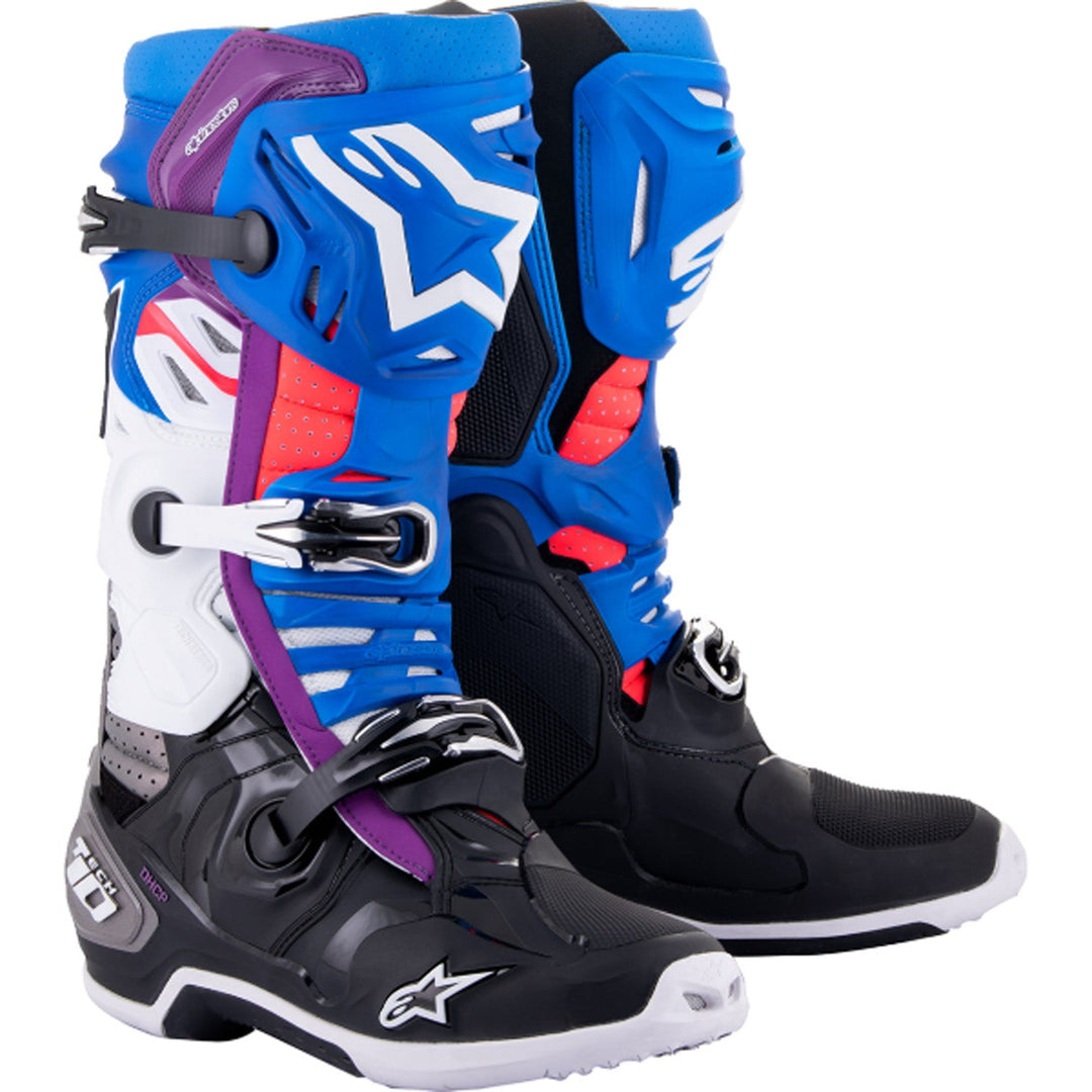 Alpinestars Tech 10 Supervented Boots Blue/Black/White - Front Side View of Pair