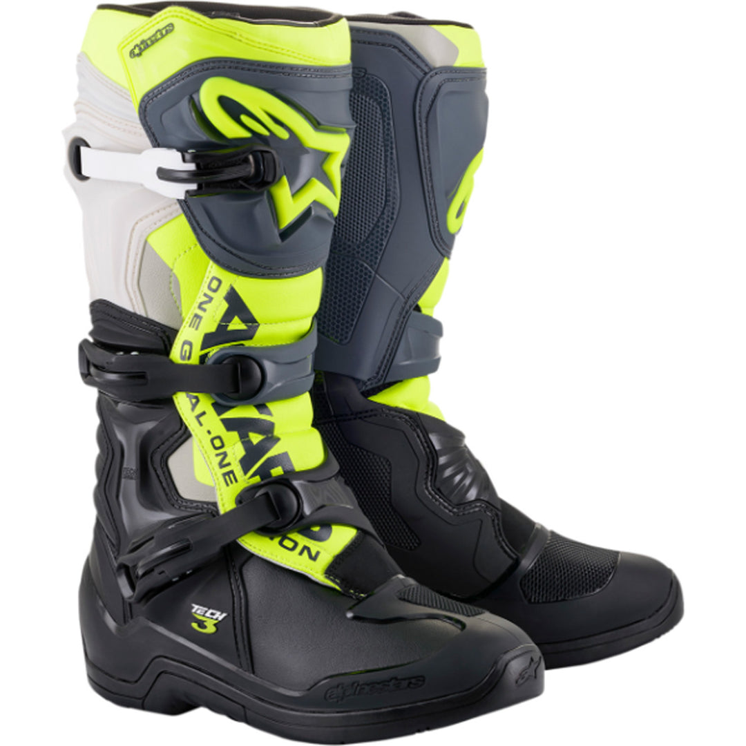 Alpinestars Tech 3 MX Boots Black/Gray/Yellow Fluorescent - Front Side View of Pair