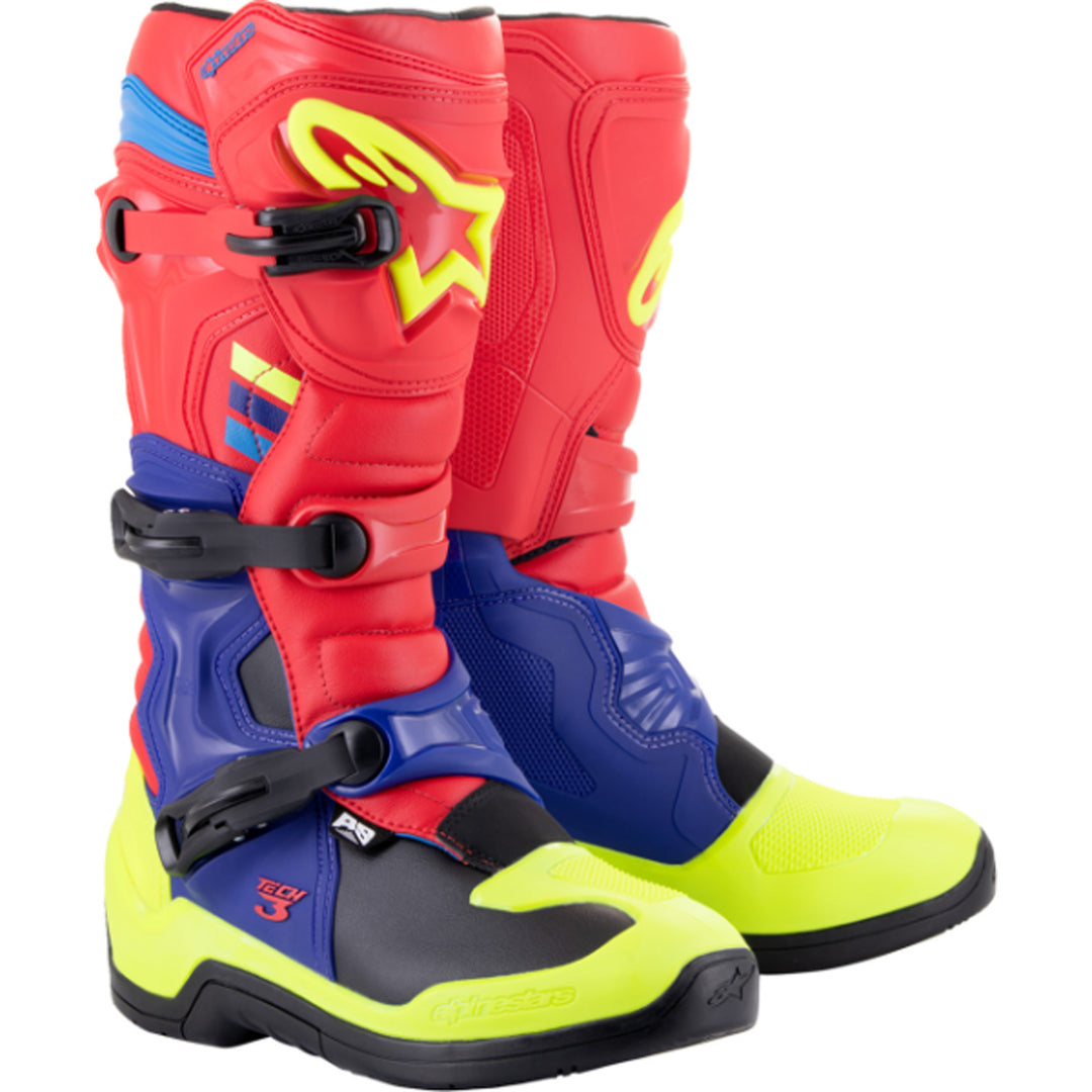Alpinestars Tech 3 MX Boots Red/Blue/Yellow Fluorescent - Front Side View of Pair