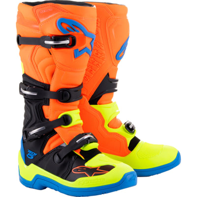 Alpinestars Tech 5 MX Boots Orange Fluorescent/Blue/Yellow Fluorescent - Front Side View of Pair