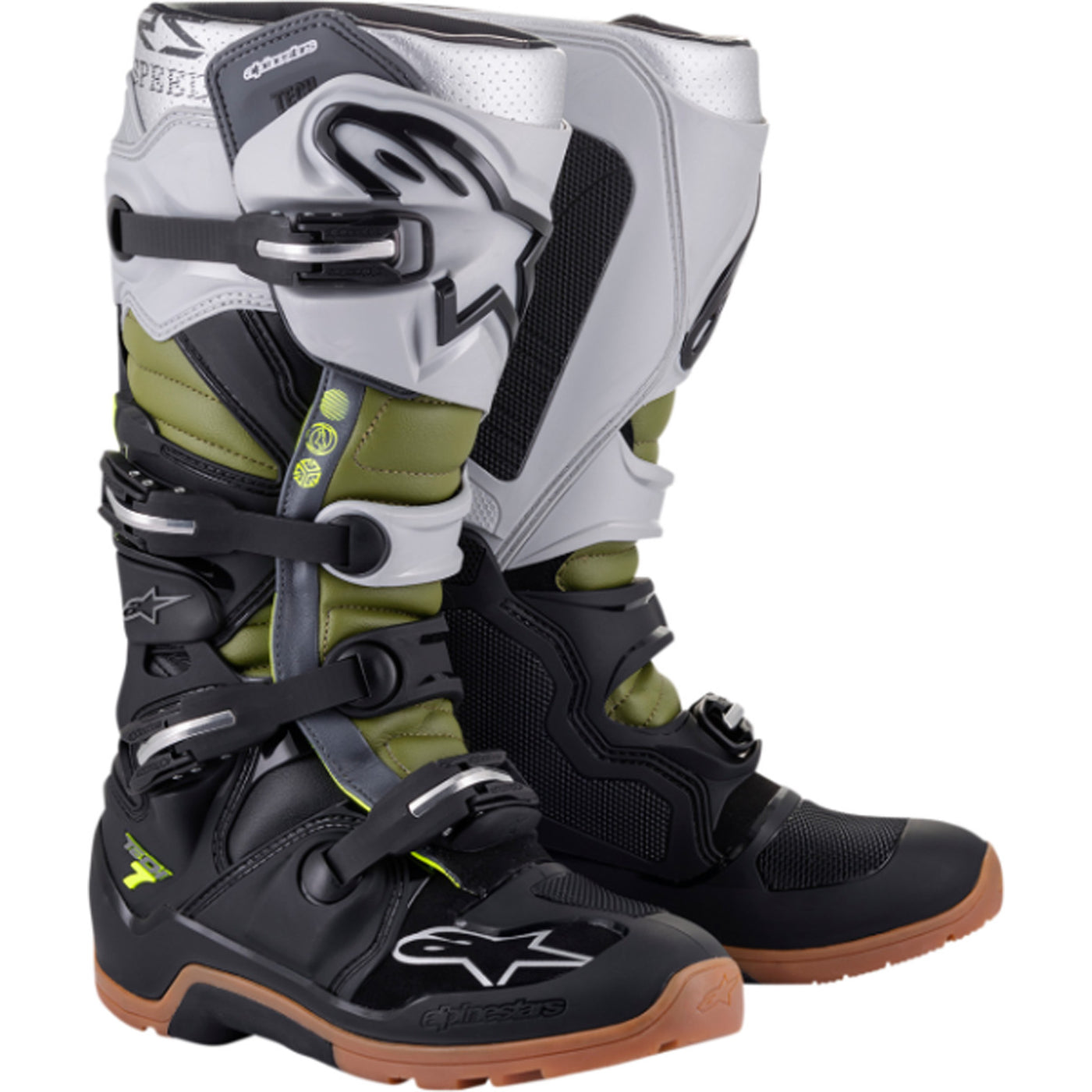 Alpinestars Tech 7 Enduro Boots Black/Silver/Green - Front Side View of Pair