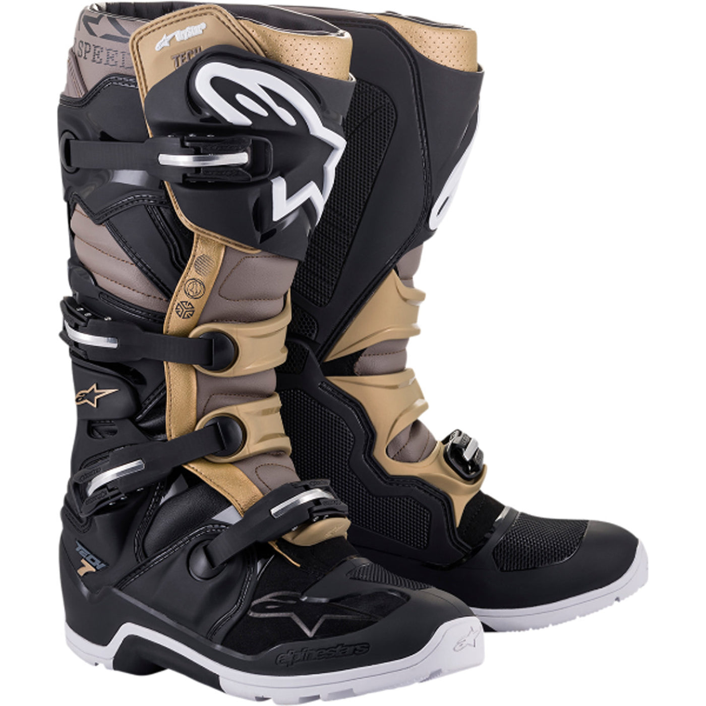 Alpinestars Tech 7 Enduro Drystar Boots Black/Gray/Gold - Front Side View of Pair