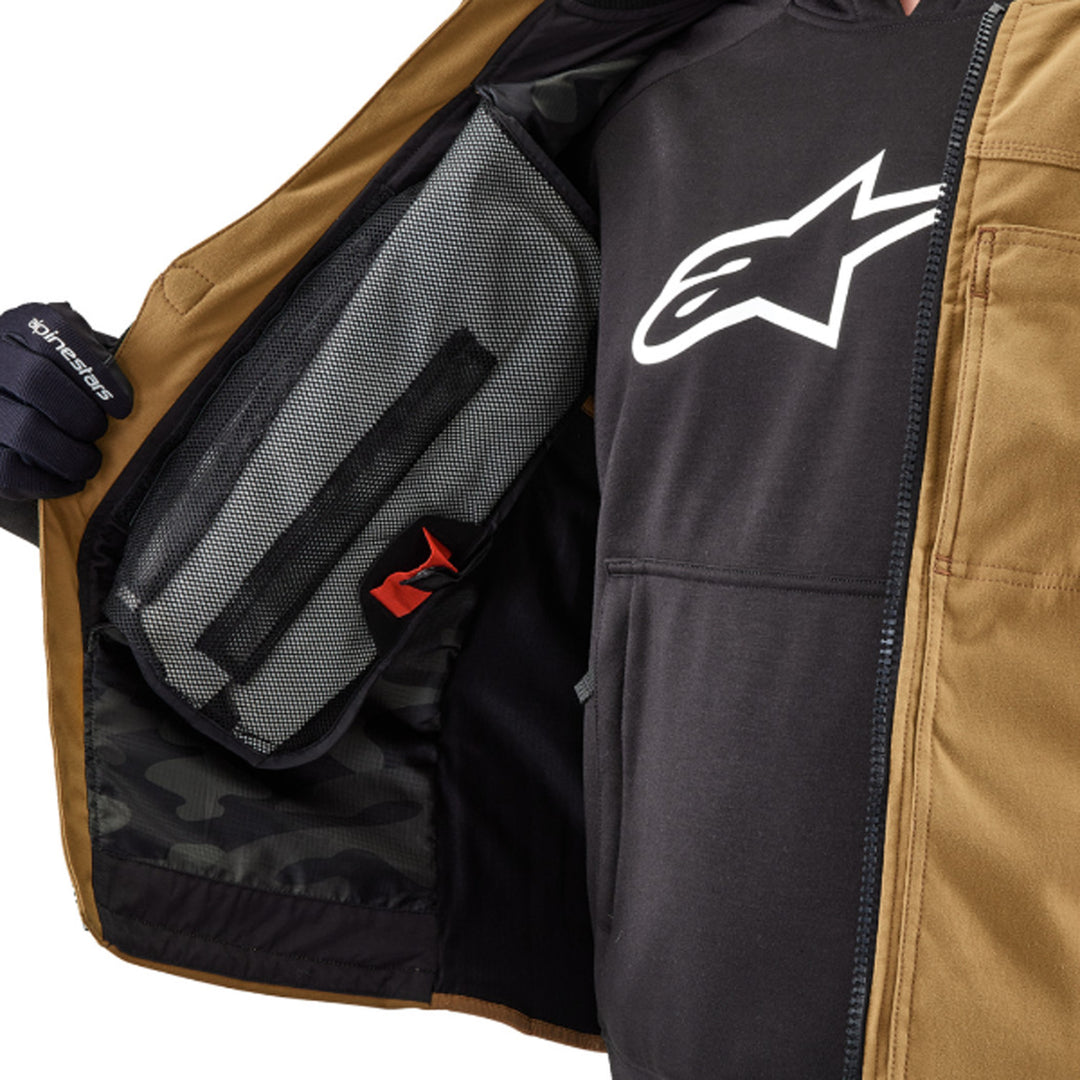 Alpinestars Tech-Air 3 v2 Canvas Vest Tan - Close-Up of Model Showing Internal Pockets on Right Side