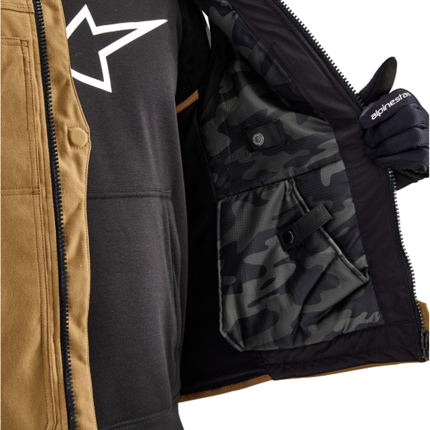Alpinestars Tech-Air 3 v2 Canvas Vest Tan - Close-Up of Model Showing Internal Pockets on Left Side