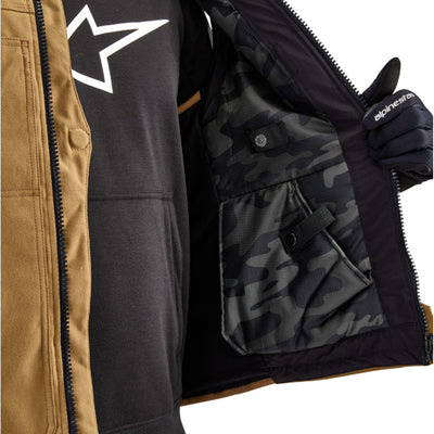 Alpinestars Tech-Air 3 v2 Canvas Vest Tan - Close-Up of Model Showing Internal Pockets on Left Side
