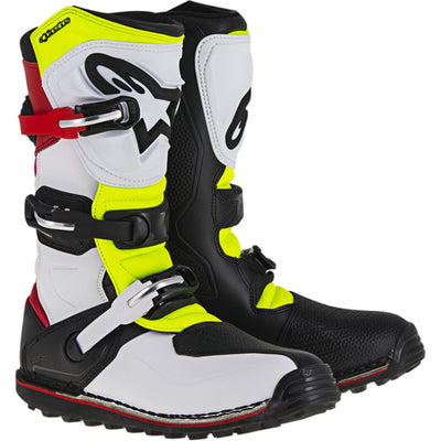 Alpinestars Tech-T Boots White/Red/Yellow Fluorescent/Black - Front Side View of Pair