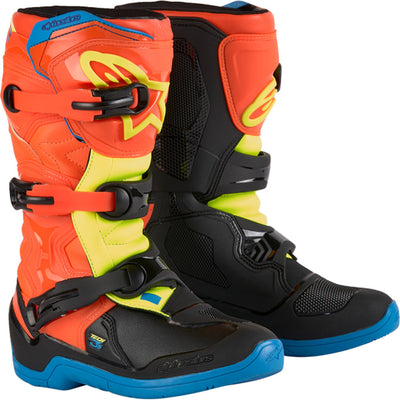 Alpinestars Youth Tech 3S MX Boots Orange/Blue/Yellow/Black - Front Side View of Pair