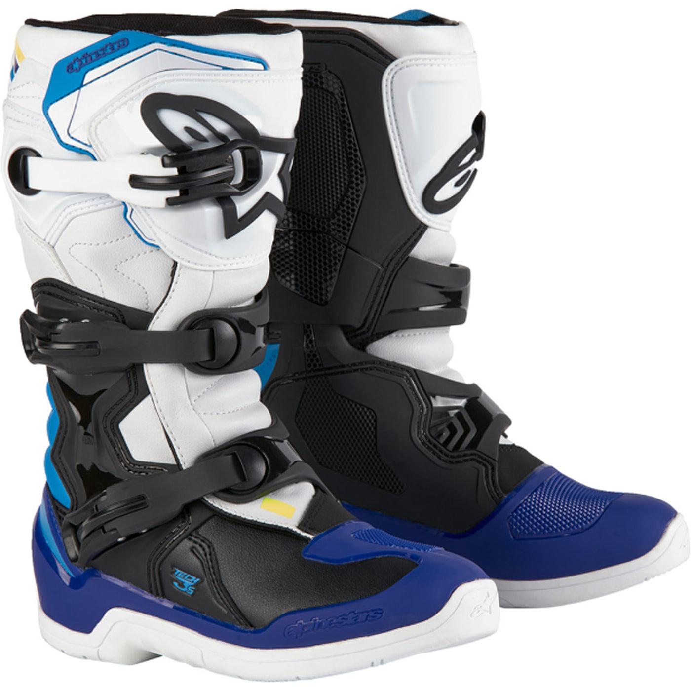 Alpinestars Youth Tech 3S MX Boots White/Black/Blue - Front Side View of Pair