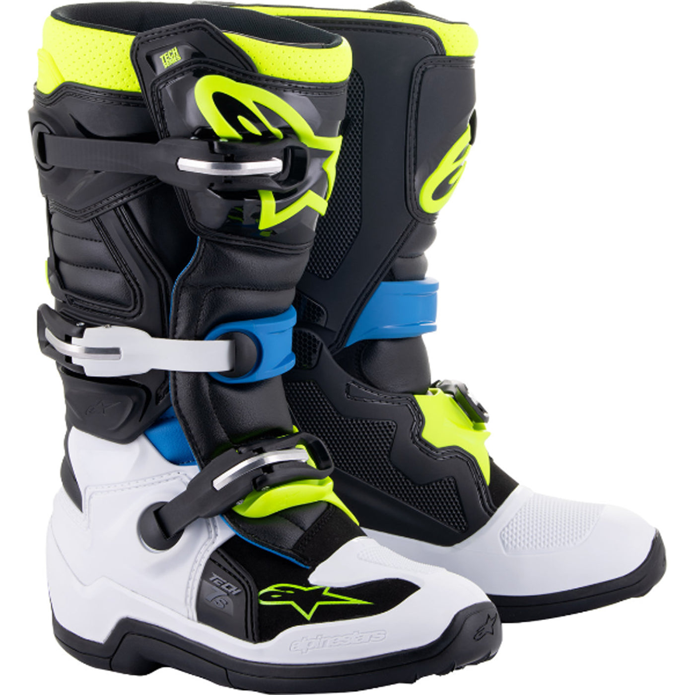 Alpinestars Youth Tech 7S Boots Black/Blue/Yellow - Front Side View of Pair