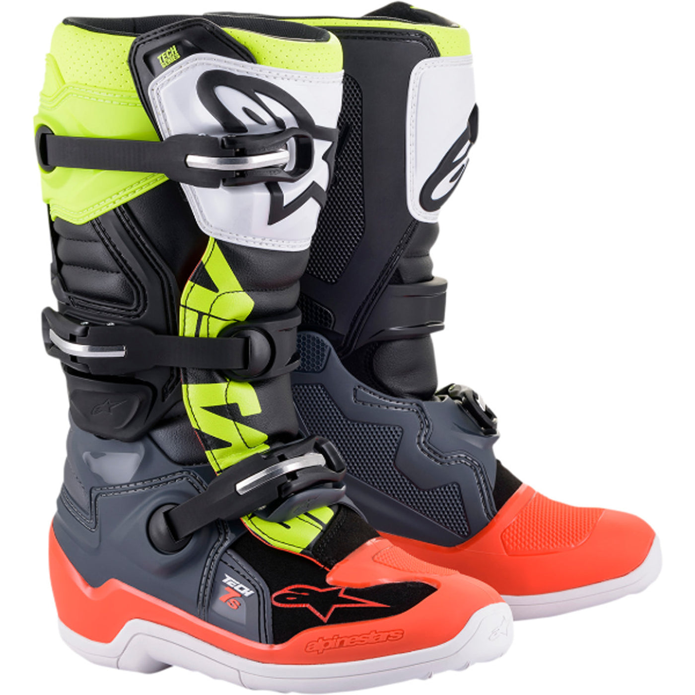 Alpinestars Youth Tech 7S Boots Black/Gray/Red/White/Yellow - Front Side View of Pair