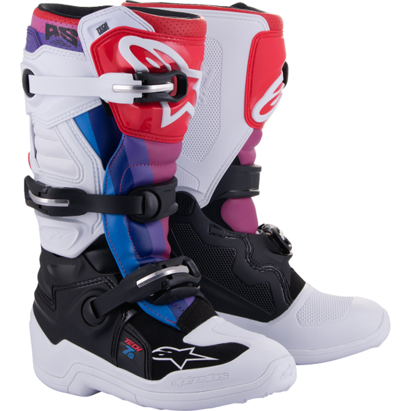 Alpinestars Youth Tech 7S Boots White/Black/Rainbow - Front Side View of Pair