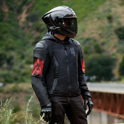 Alpinestars Zaca Air Venom WP Jacket Black/Bright Red - Lifestyle shot of rider wearing jacket