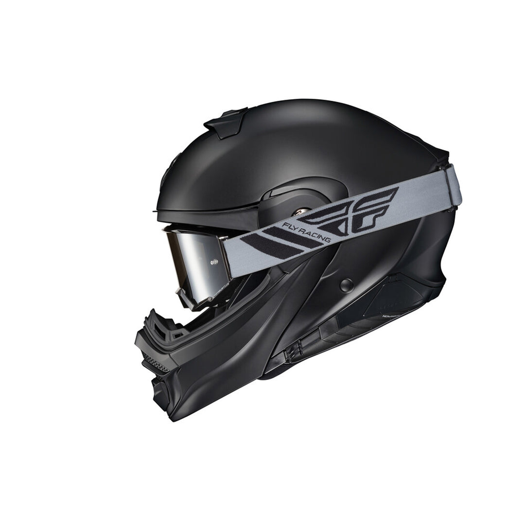 SCORPION EXO EXO-AT960 Solid Modular Helmet Matte Black - Side View with Goggles in Place of Faceshield and Off Road Visor Removed