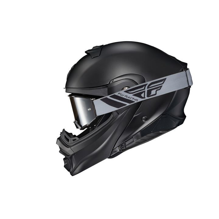 SCORPION EXO EXO-AT960 Solid Modular Helmet Matte Black - Side View with Goggles in Place of Faceshield and Off Road Visor Removed