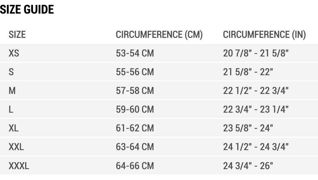 Bell Lithium Helmet Size Chart by Head Circumference Measurements: XSM (extra small) fits 53 cm to 54 cm; SML (small) fits 55 cm to 56 cm; MED (medium) fits 57 cm to 58 cm; LRG (large) fits 59 cm to 60 cm; XLG (extra large) fits 61 cm to 62 cm; 2XL (double extra large) fits 63 cm to 64 cm; 3XL (triple extra large) fits 64 to 66 cm